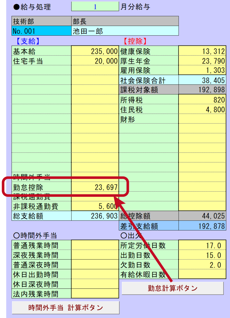 給与計算画面 勤怠控除ボタンをクリックすると結果が23697円になっている例