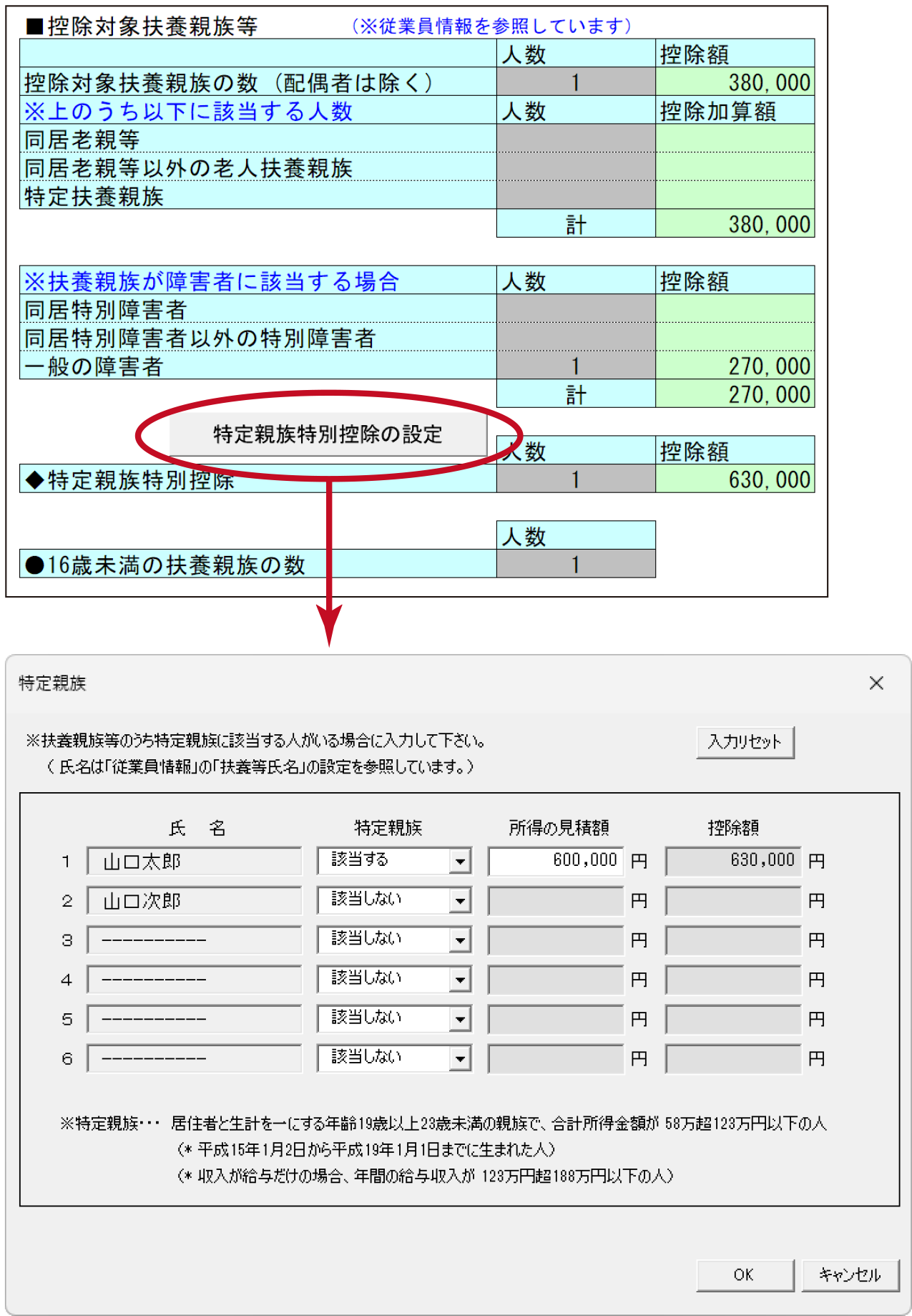 「特別控除区分」欄の選択と控除明細書の記載の対応表
