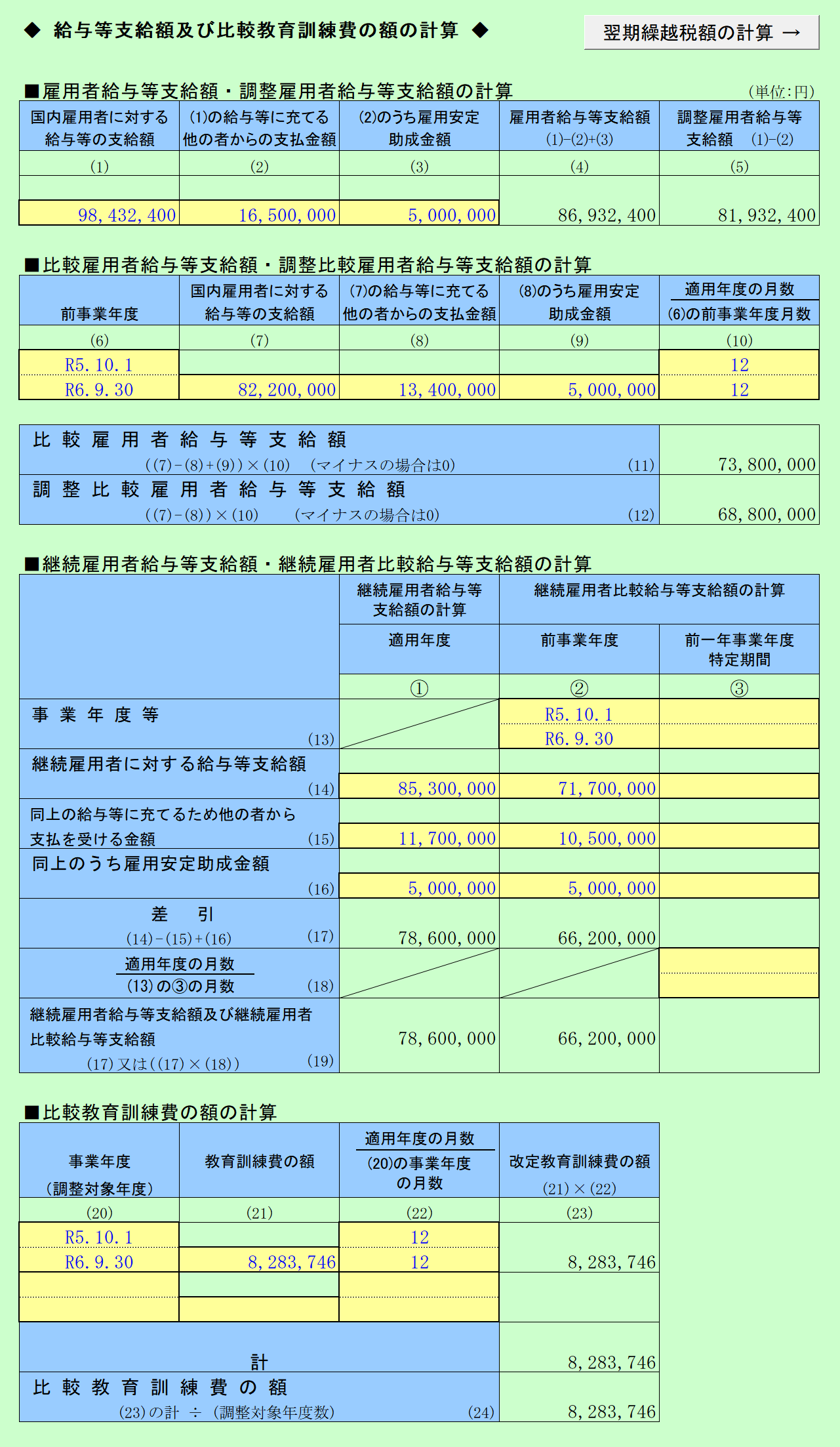 給与等支給額及び比較教育訓練費の額の計算