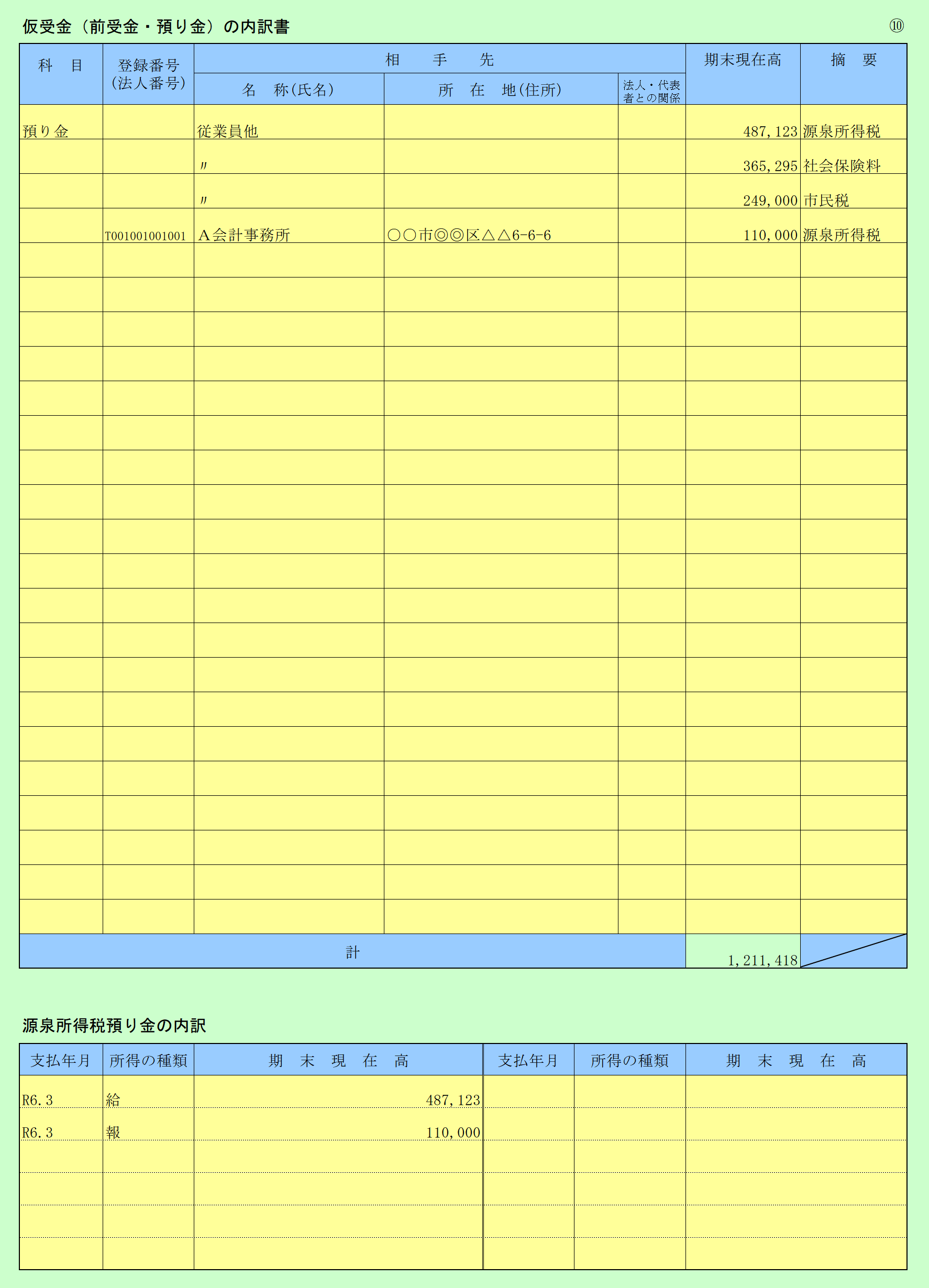 勘定科目内訳書(10) 借受金の内訳書