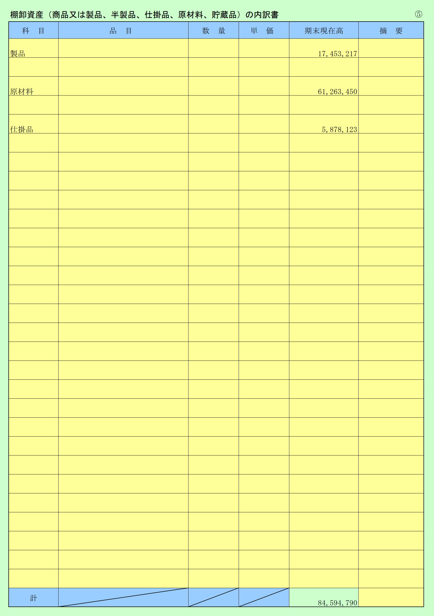 勘定科目内訳書(5) 棚卸資産等の内訳書