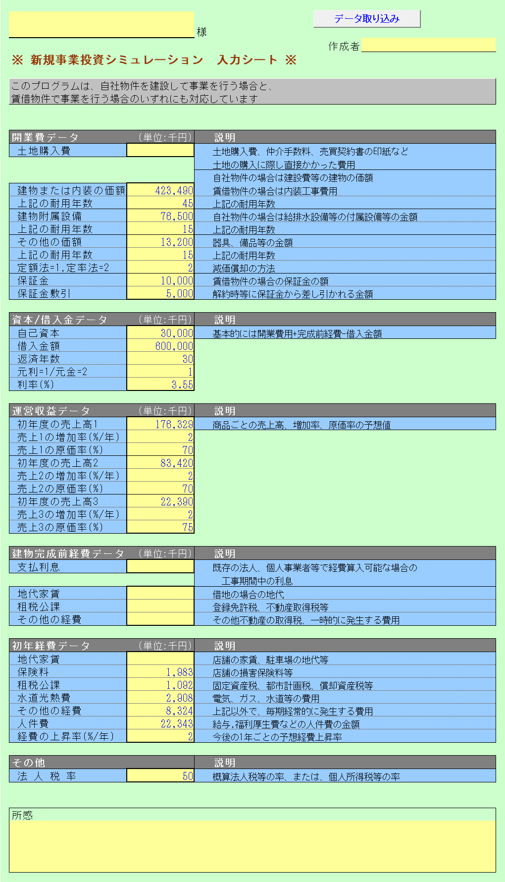 新規事業投資シミュレーション データ入力シート