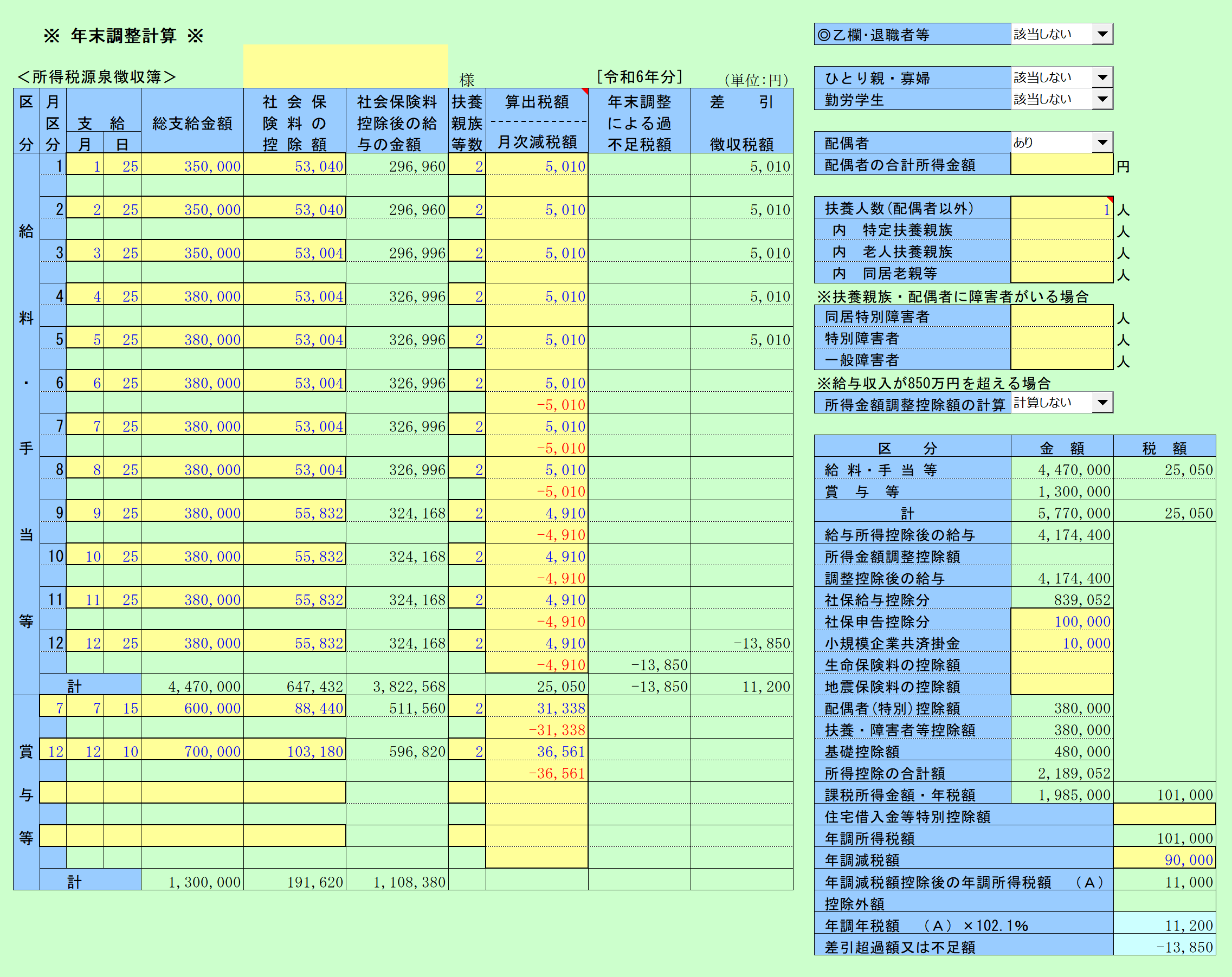 年末調整計算　データ入力シート・計算結果