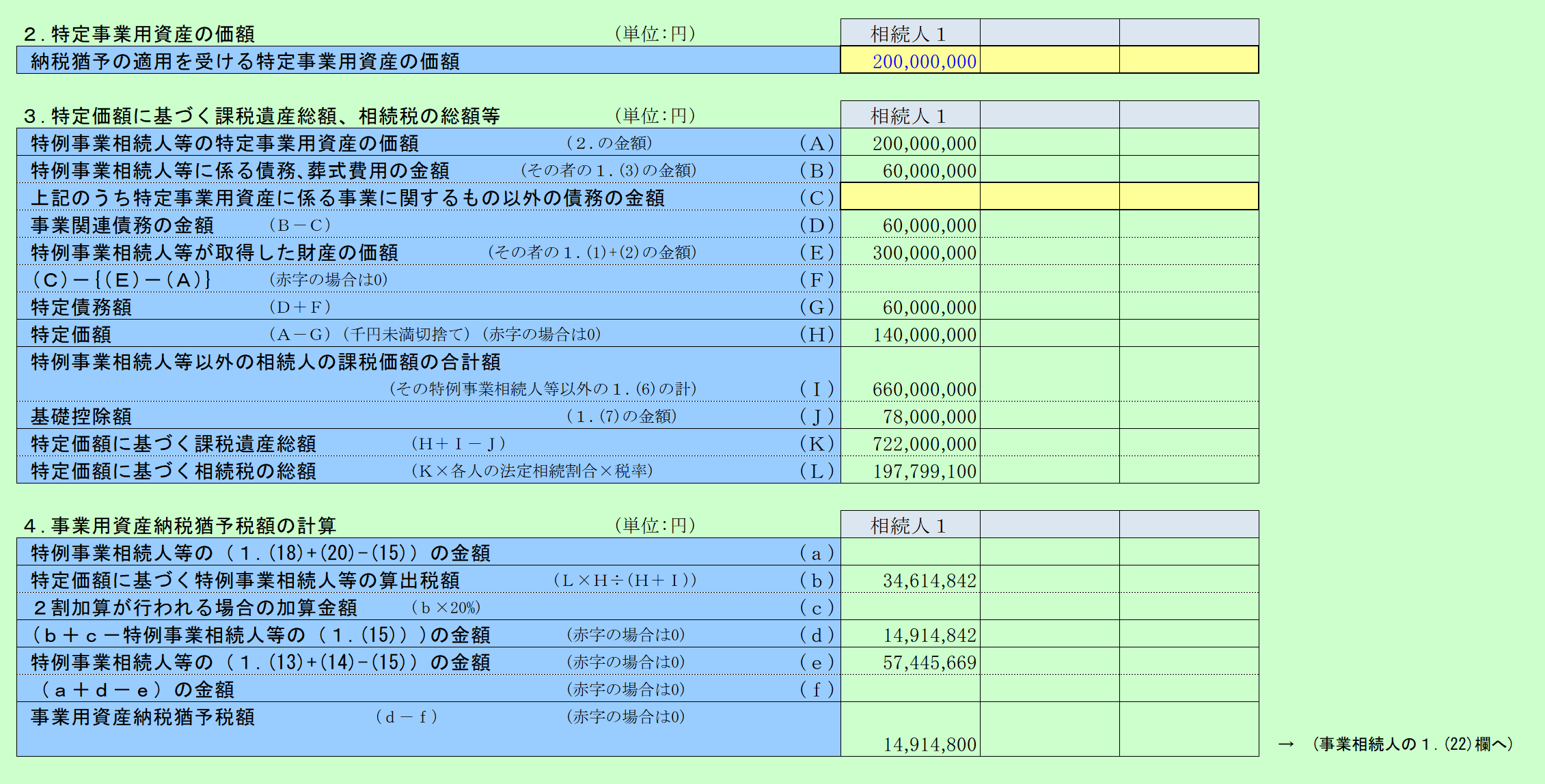 自社株の相続税の納税猶予税額の試算 個人事業用資産の納税猶予 計算結果