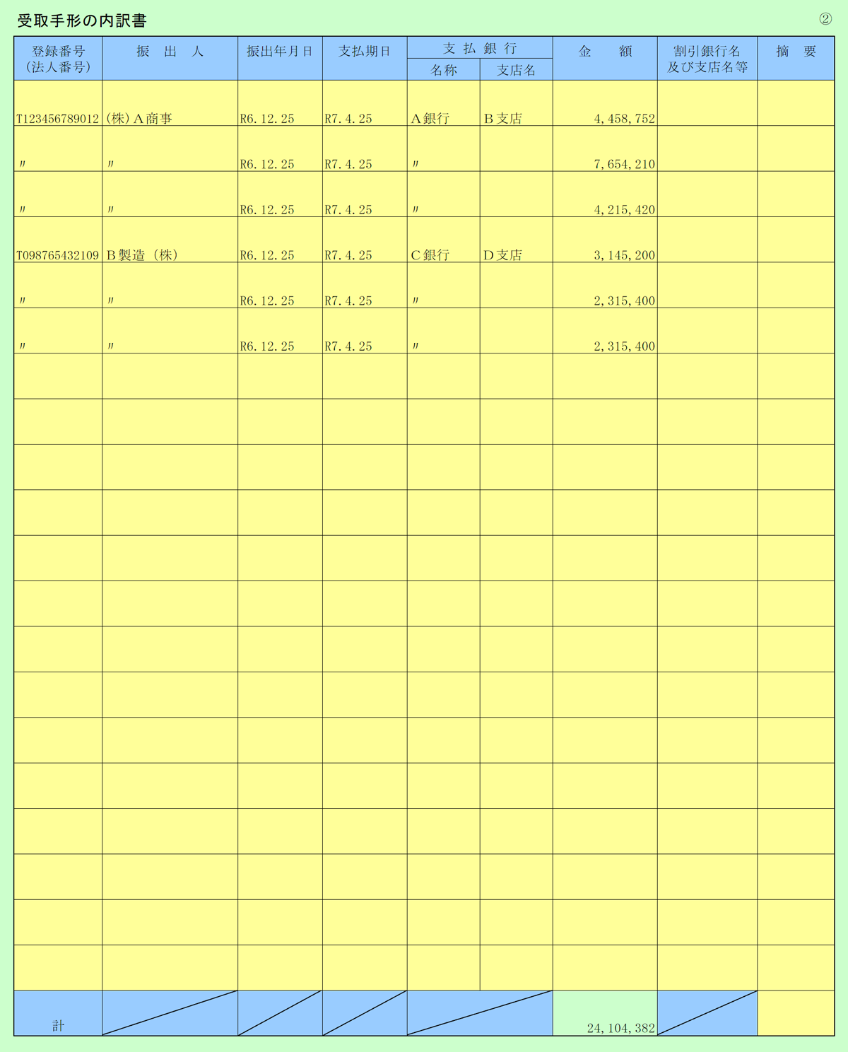 勘定科目内訳書(2) 受取手形の内訳書