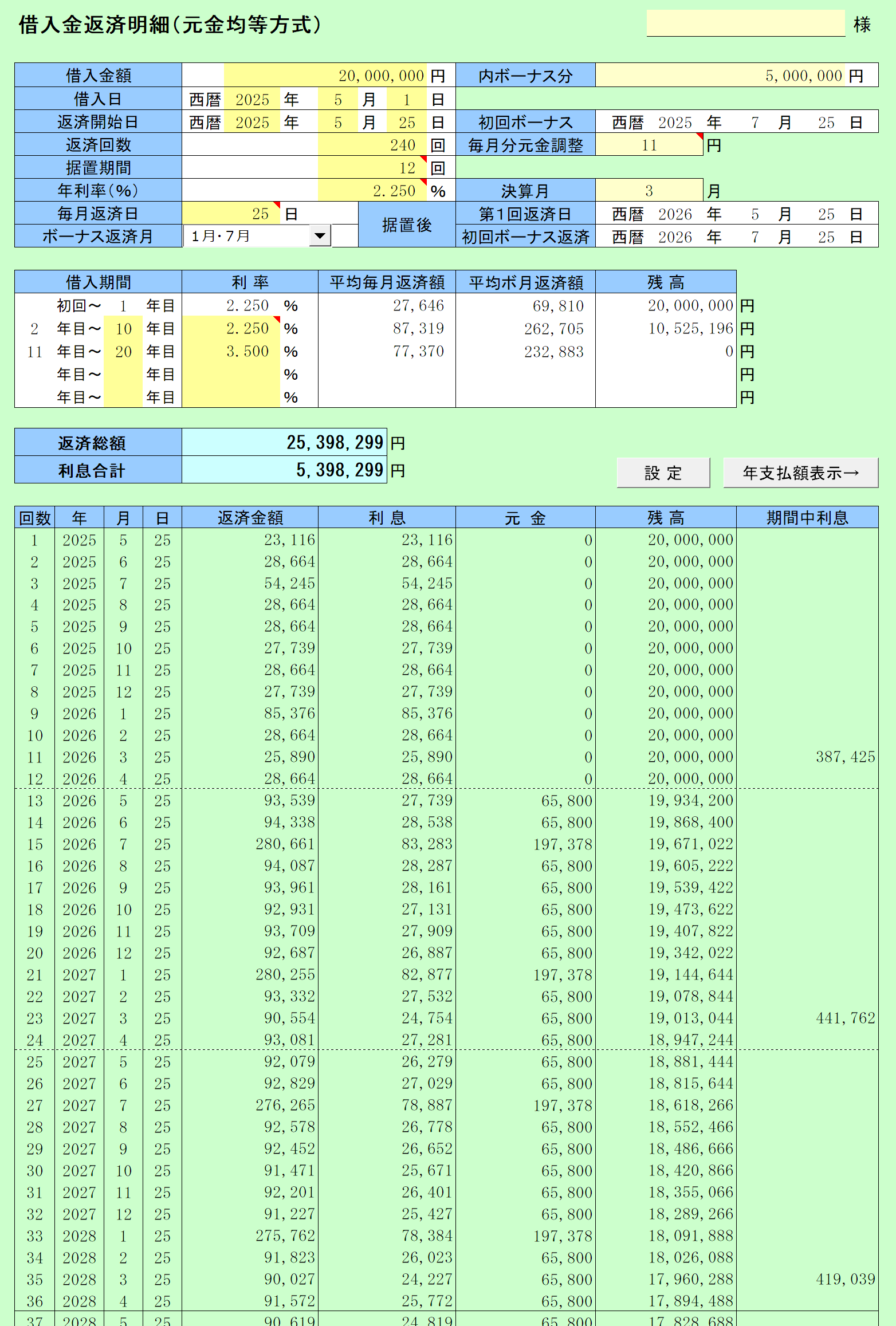 元金均等方式 入力シート