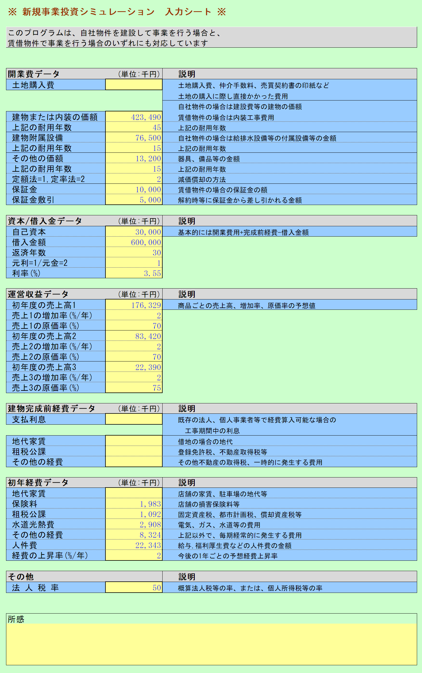 新規事業投資シミュレーション データ入力シート