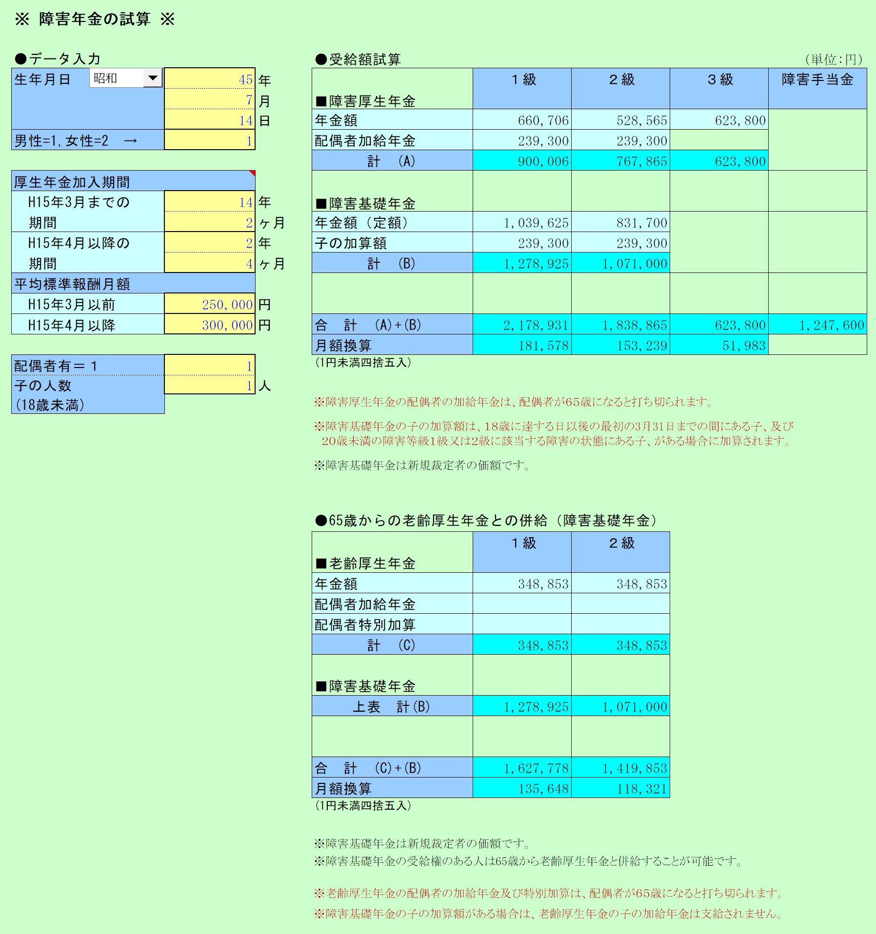 障害年金の試算 データ入力画面、試算結果