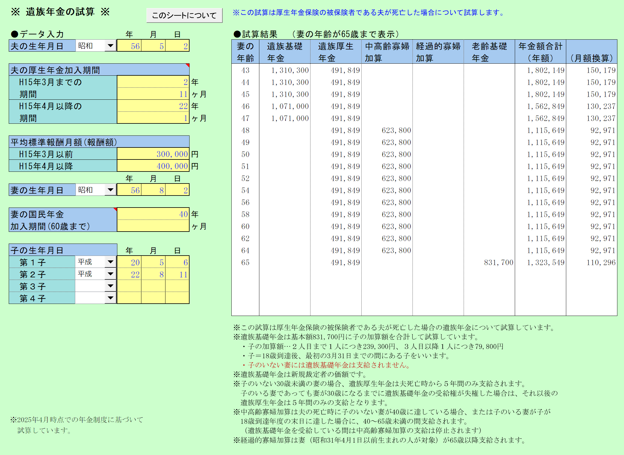 遺族年金の試算 データ入力画面