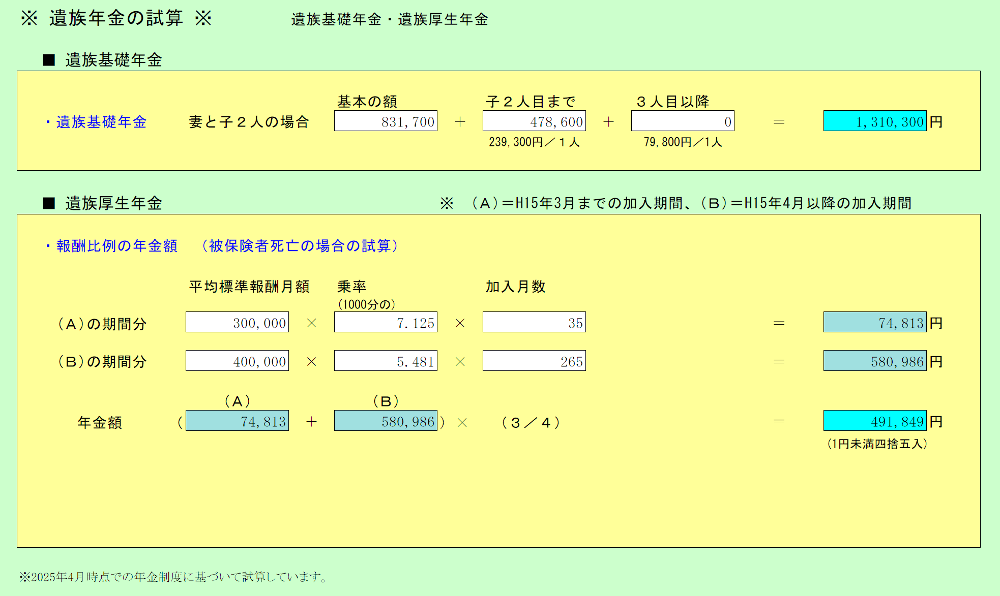 遺族年金の試算 試算結果画面